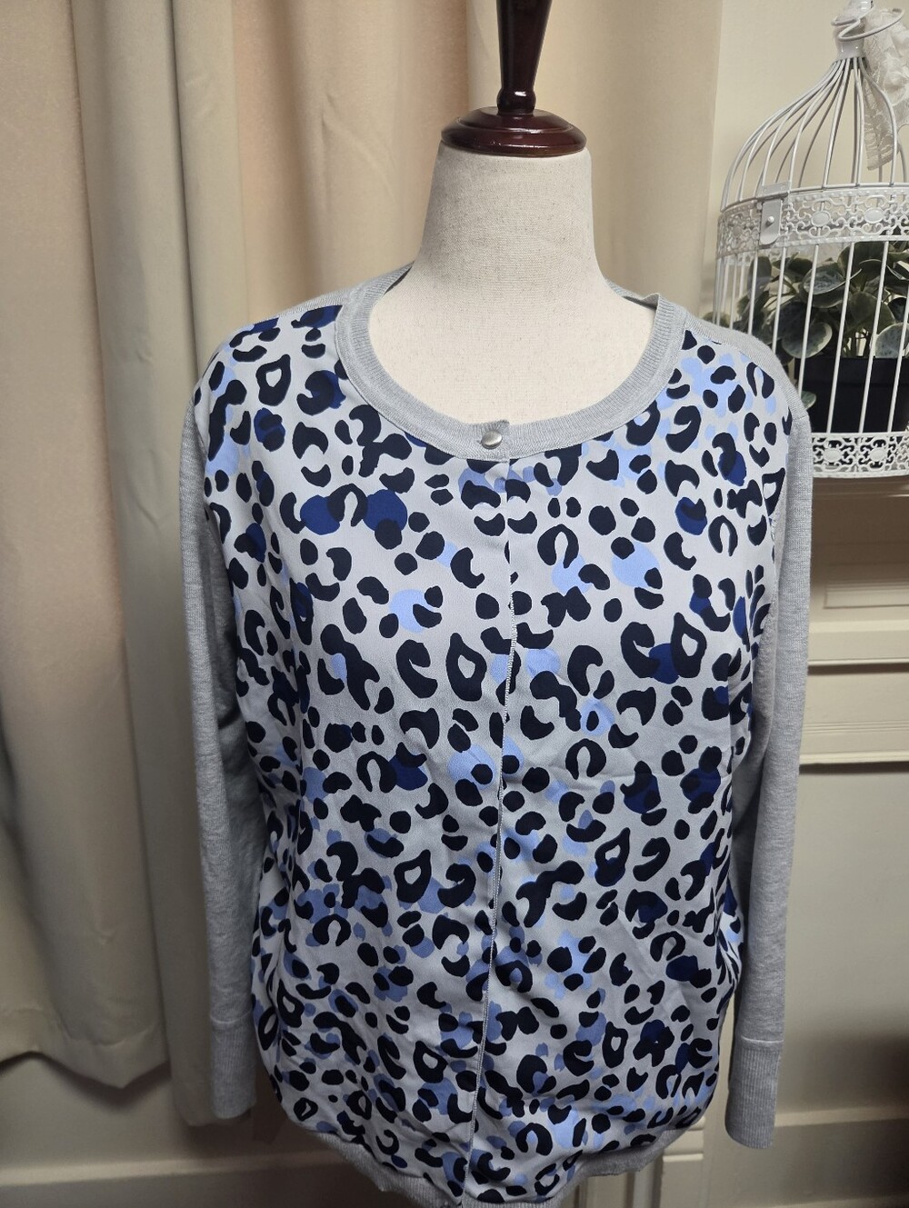 NWT Chico's Blue Leopard Print Button-Front Cardigan Size XL